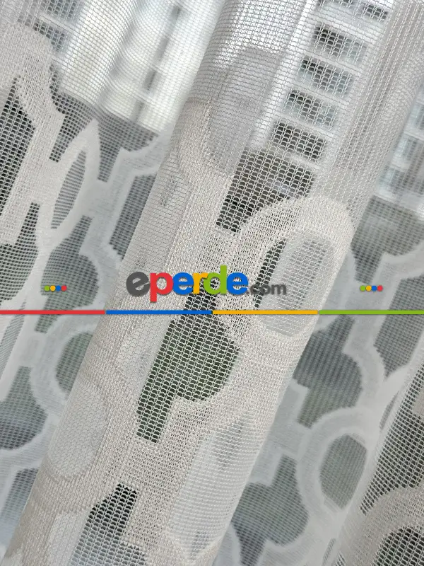 Salon - Desenli Fransız Dantel Örme Tül Perde, Desenli Ütü İstemeyen Tül