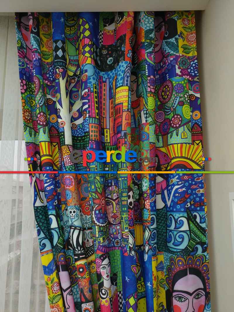 Genç Odası - Popart Fon Perde - Kumaşı Kalındır Duck Bezi Değildir.- Mavi-sarı-beyaz-turkuaz-çok Renkli