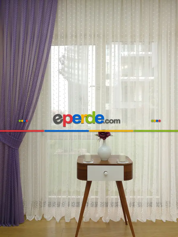 Puantiyeli Dantel Tül Perde- Ekru