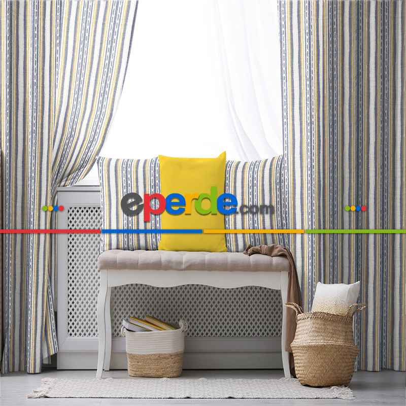 Etnik Fon Perde Evim1538 Kumaşı Kalındır Duck Bezi Değildir- Mavi-beyaz