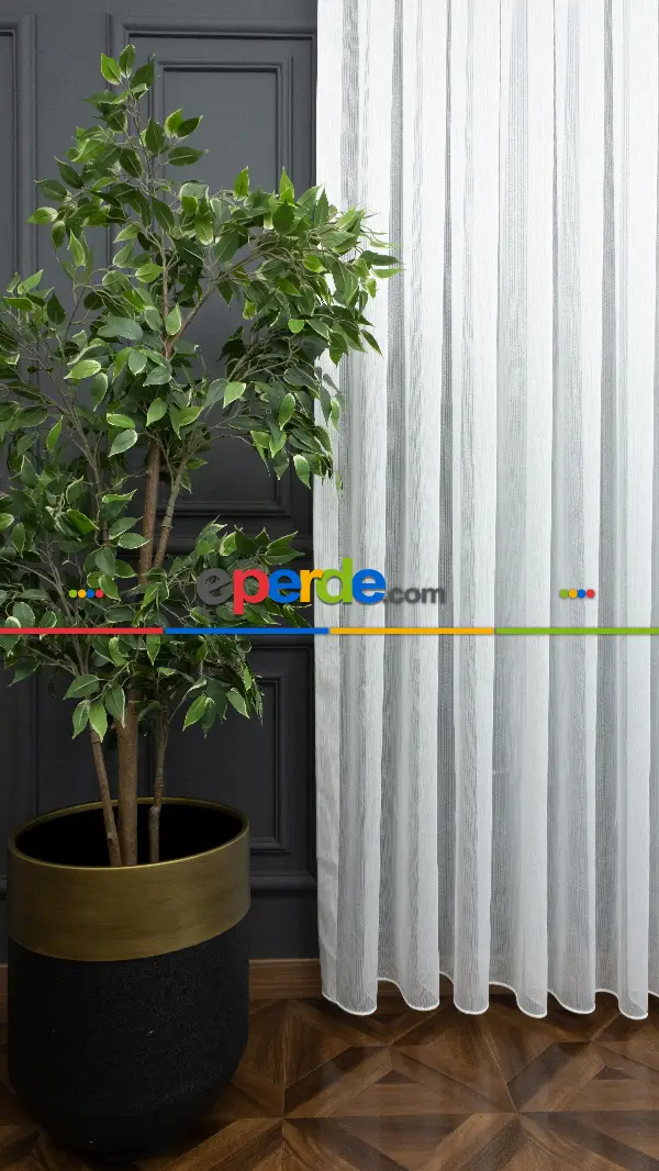 Ekru Sık Dokulu Çizgili Moderin Düz Tül Perde- Ekru