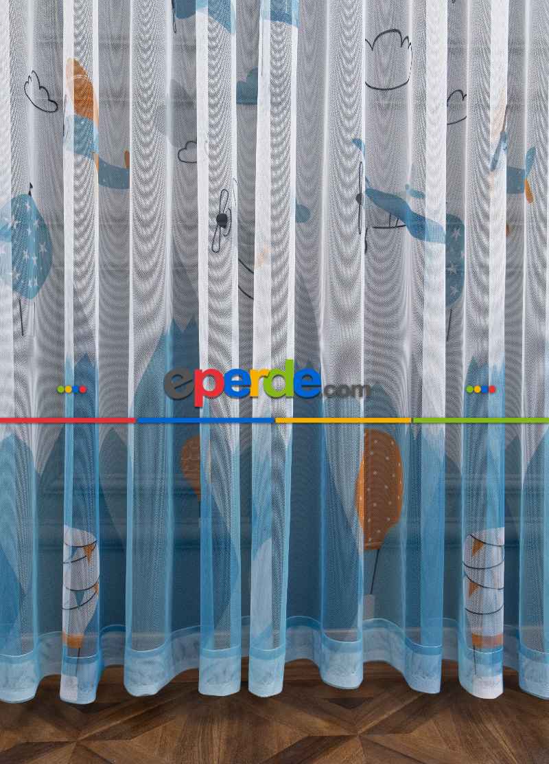 Petek Zemin Mavi Turuncu Renkli Uçan Balon Desenli Grek Baskılı Tül Perde