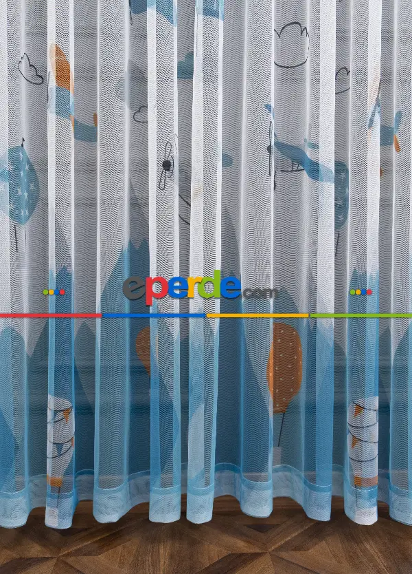 Erkek Çocuk Odası Tül Perde - Petek Zemin Mavi Turuncu Renkli Uçan Balon Desenli Grek Baskılı Tül Perde