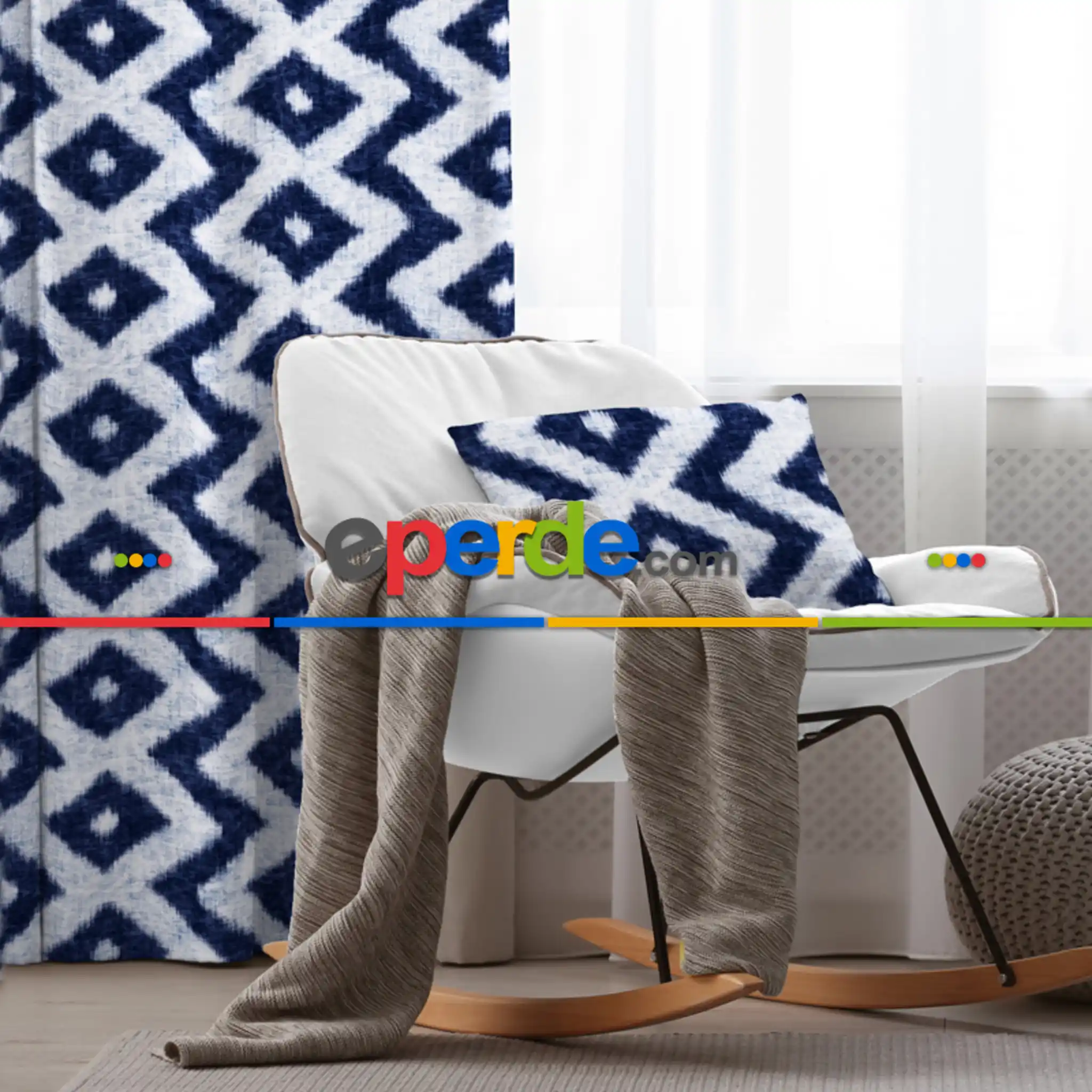 Oturma Odası Fon Perde Evim1025 Kumaşı Kalındır Duck Bezi Değildir- Mavi-beyaz