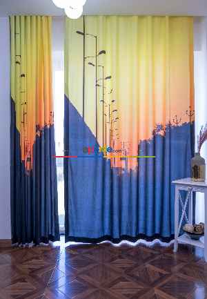 Hazır Ölçülü Dökümlü Kumaştan Gün Batımı Şehir Manzaralı Pilesiz Baskılı Fon Perde 1. Kalite