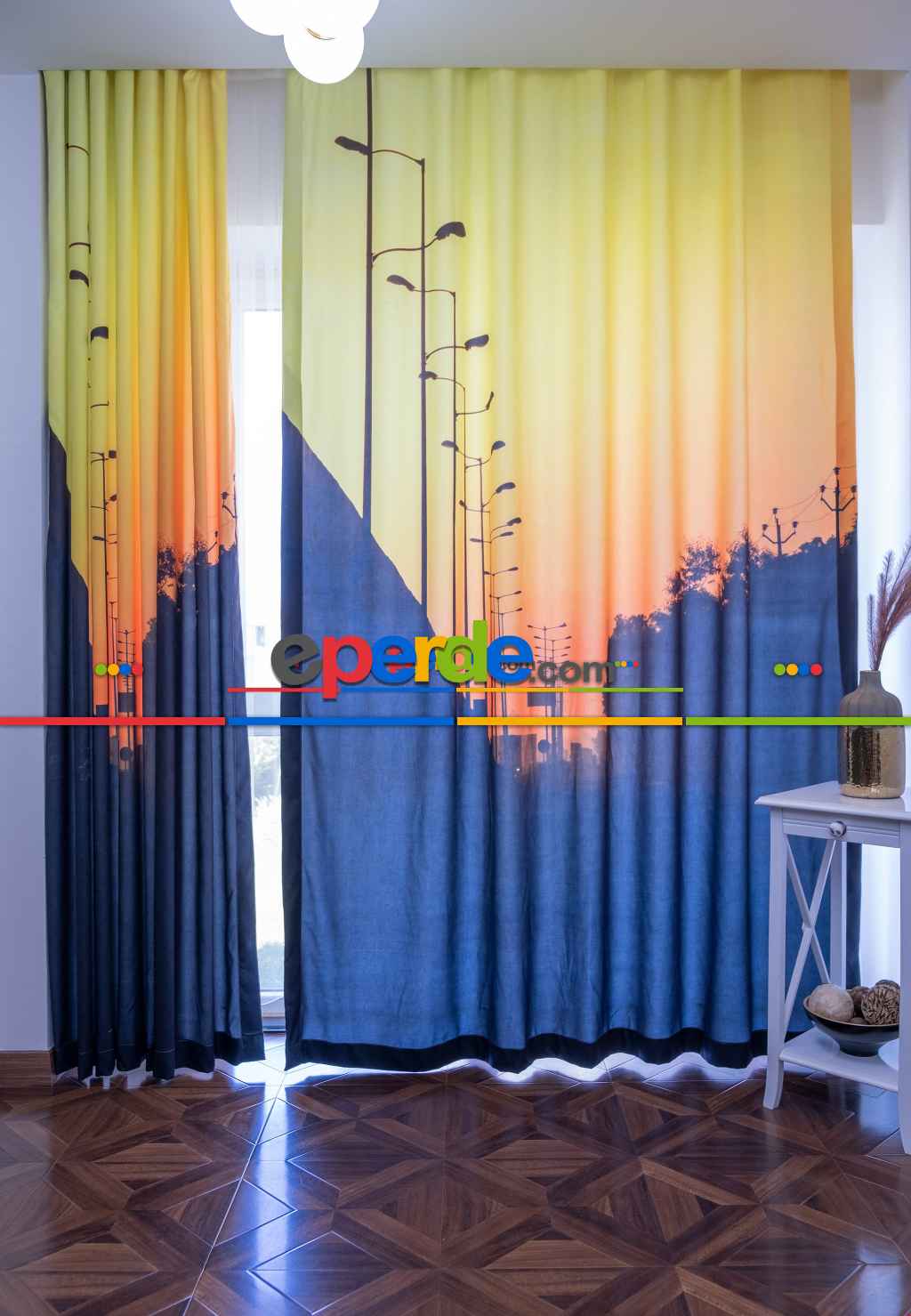 Hazır Ölçülü Dökümlü Kumaştan Gün Batımı Şehir Manzaralı Pilesiz Baskılı Fon Perde 1. Kalite