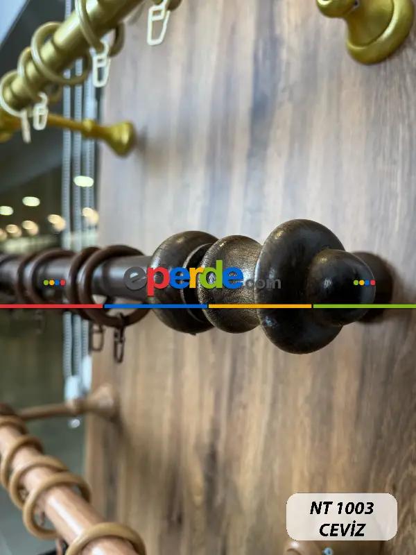 Ceviz Renk Raylı Veya Raysız Plastik Halkalı Rustik Perde Askısı