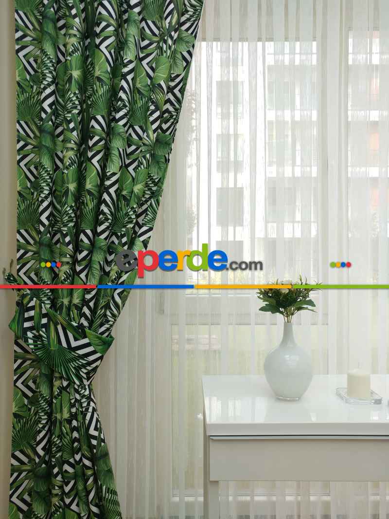 Tropikal Yaprak Desenli Fon Perde - Kumaşı Kalındır Duck Bezi Değildir- Siyah-Yeşil-Beyaz