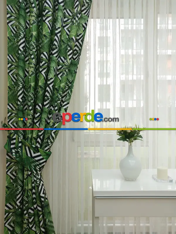 Tropikal Yaprak Desenli Fon Perde - Kumaşı Kalındır Duck Bezi Değildir- Siyah-Yeşil-Beyaz