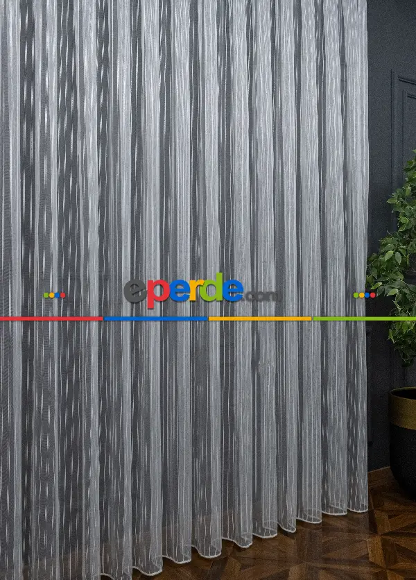 Salon Tül - Brillant Gümüş Sim Çizgi Armür Tül Çizgili Tül