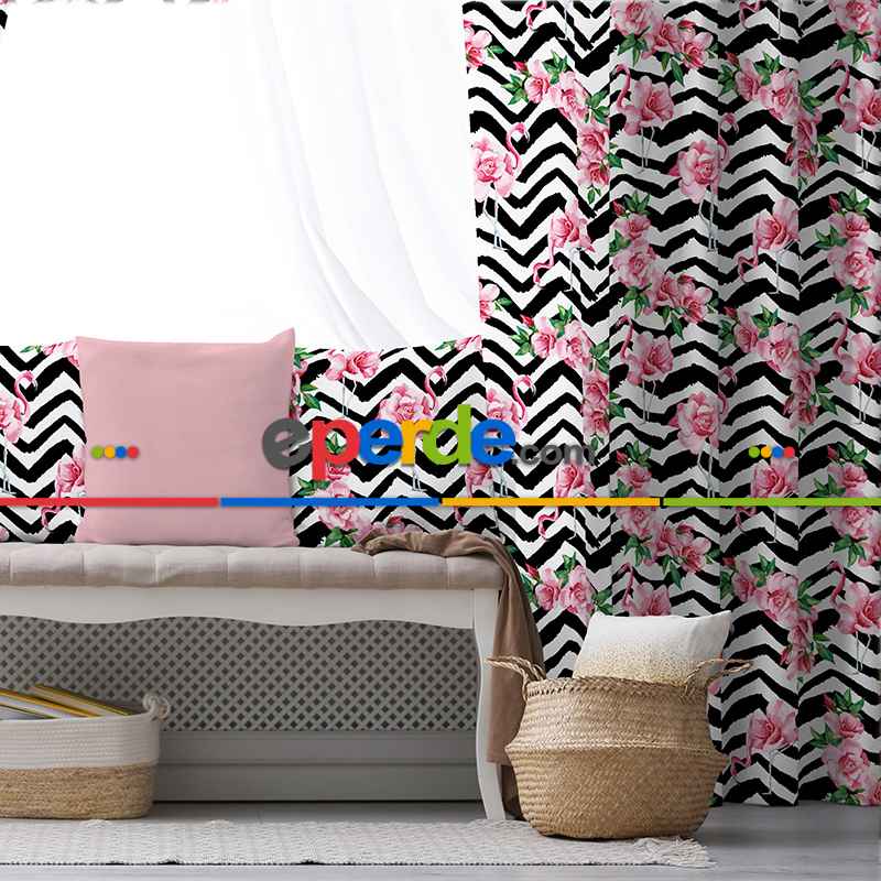 Flamingo Desenli Fon Perde Evim1567 Kumaşı Kalındır Duck Bezi Değildir- Mavi-beyaz