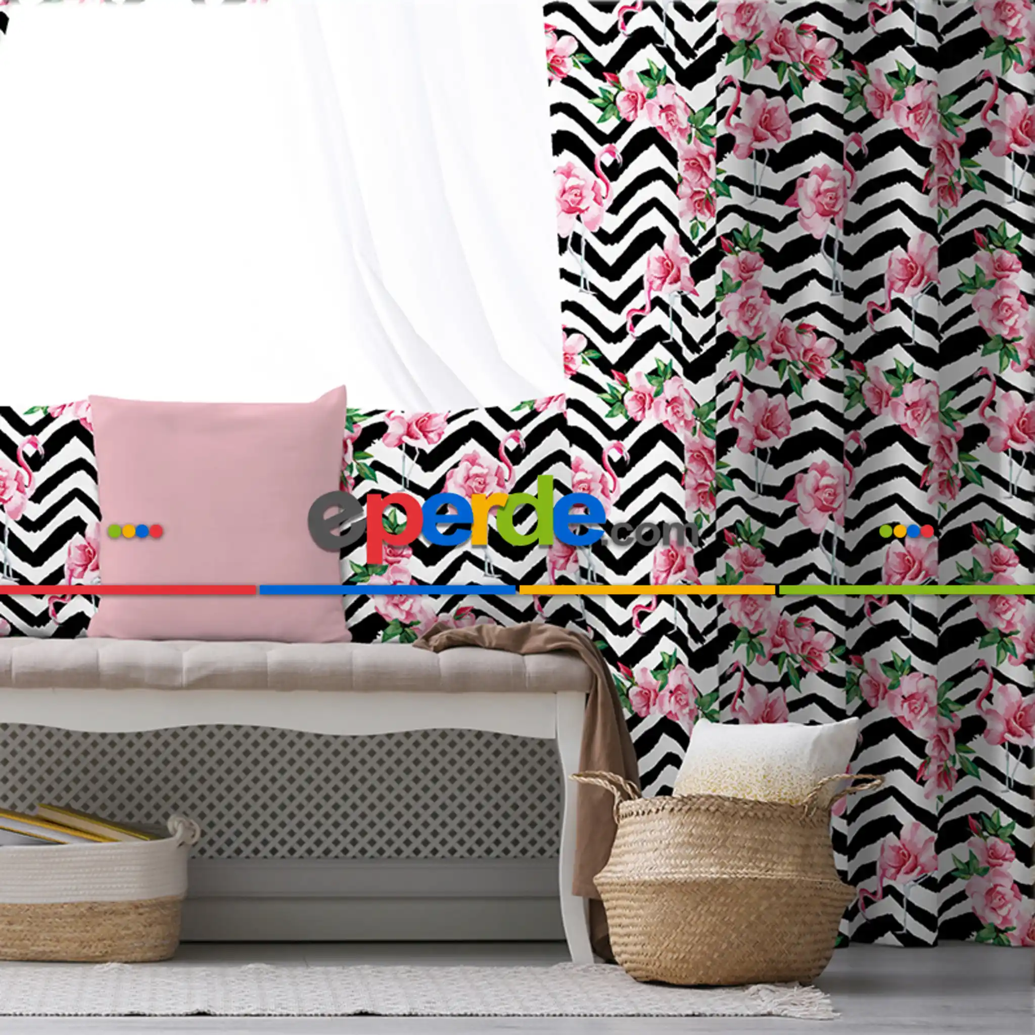 Flamingo Desenli Fon Perde Evim1567 Kumaşı Kalındır Duck Bezi Değildir- Mavi-beyaz