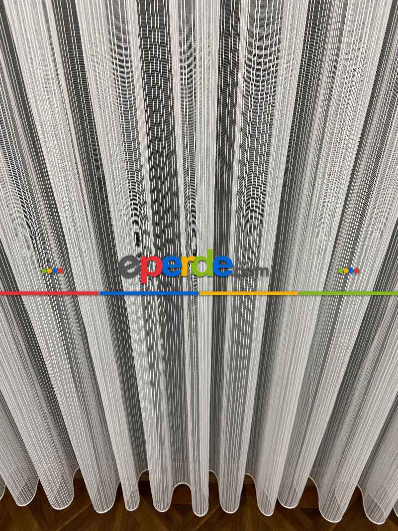 Salon - Boyuno Çizgili Zincir Tül Perde Ekru Renk Kırık Beyaz- Ekru