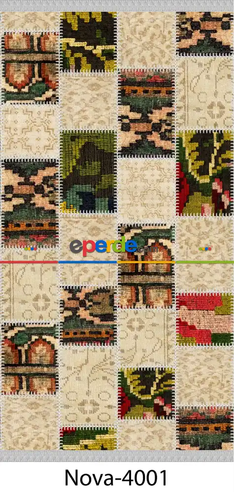 Nova Dh-4001 Patchwork Desenli Yıkanabilir Kilim- Bej