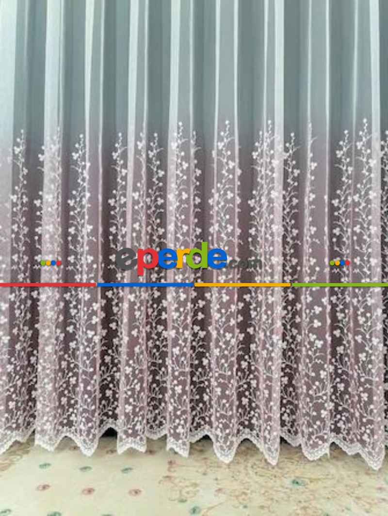 Mutfak Minik Papatya Desenli Degrade İşlemeli Pembe Tül