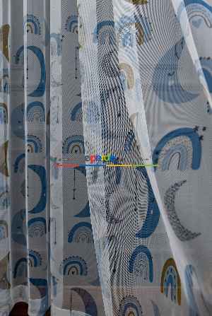 Hazır Ölçülü Petek Zemin Mavi Renkli Ay Desenli Grek Baskılı Tül Perde