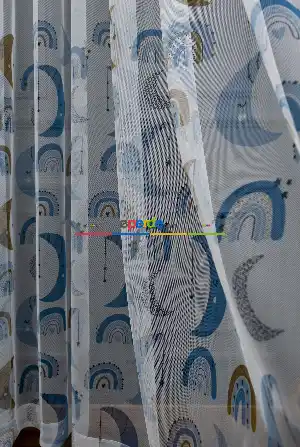 Hazır Ölçülü Petek Zemin Mavi Renkli Ay Desenli Grek Baskılı Tül Perde