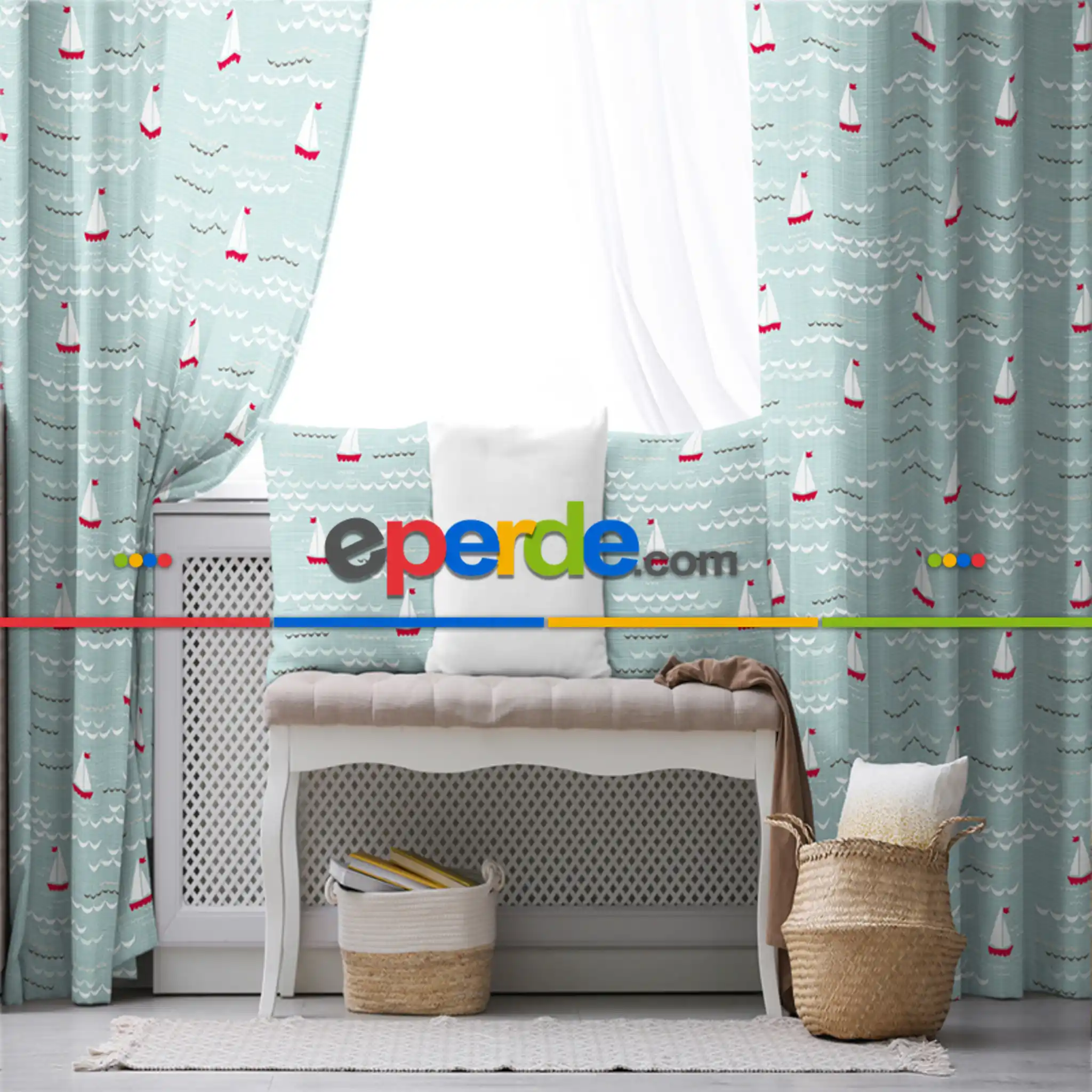 Çocuk Odası - Gemi Desenli Fon Perde Evim670 Kumaşı Kalındır Duck Bezi Değildir- Mavi-beyaz