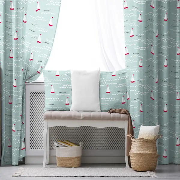 Çocuk Odası - Gemi Desenli Fon Perde Evim670 Kumaşı Kalındır Duck Bezi Değildir- Mavi-beyaz