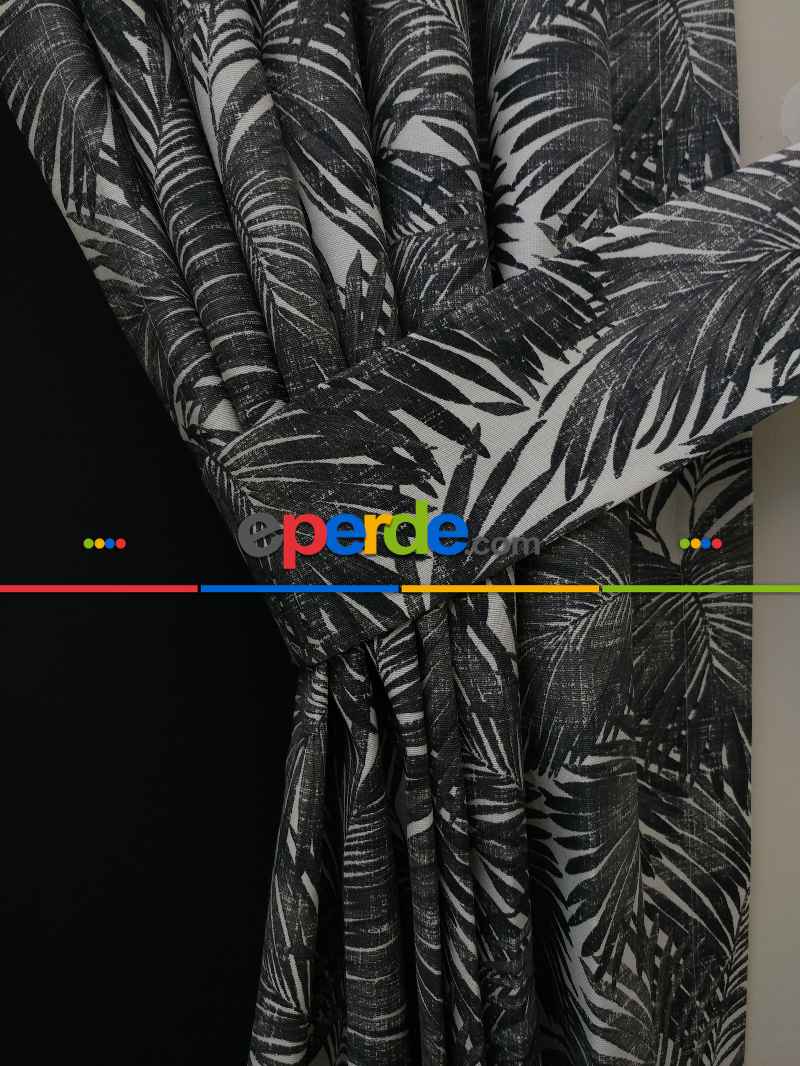 Tropikal Yaprak Desenli Fon Perde(leke Tutmaz)- Siyah-beyaz