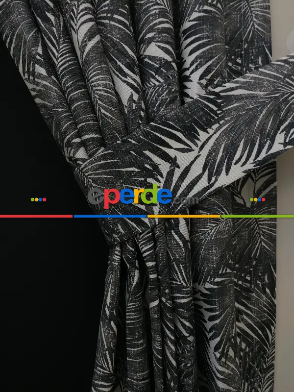 Tropikal Yaprak Desenli Fon Perde(leke Tutmaz)- Siyah-Beyaz