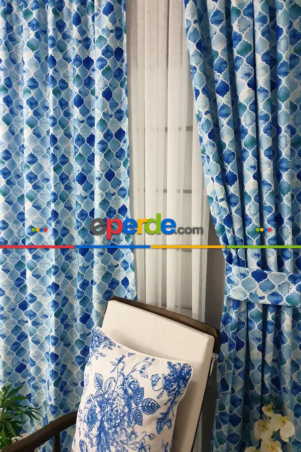 Yatak Odası - Mavi Geometrik Desenli Fon Perde Evm644 Kumaşı Kalındır Duck Bezi Değildir- Mavi-Beyaz