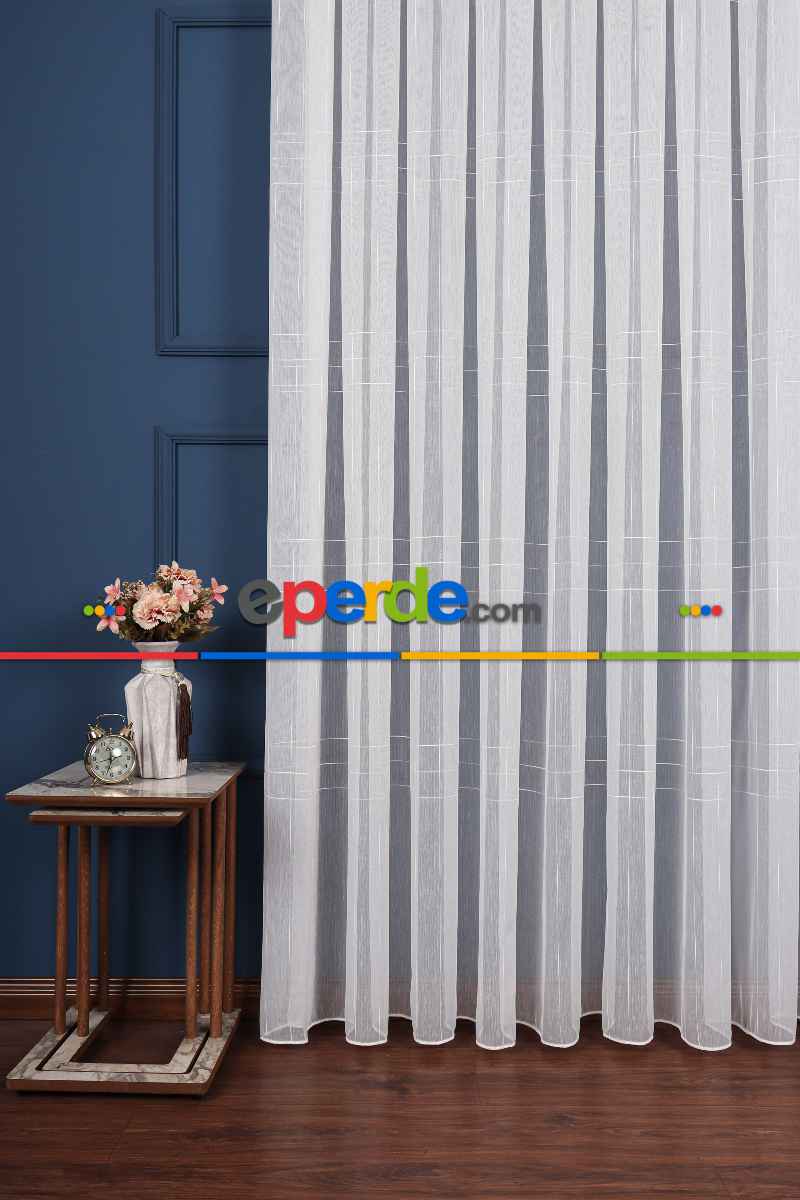 Salon Tül Modelleri - Bambu Zemin Geometri Nakış İşlemeli Tül Perde