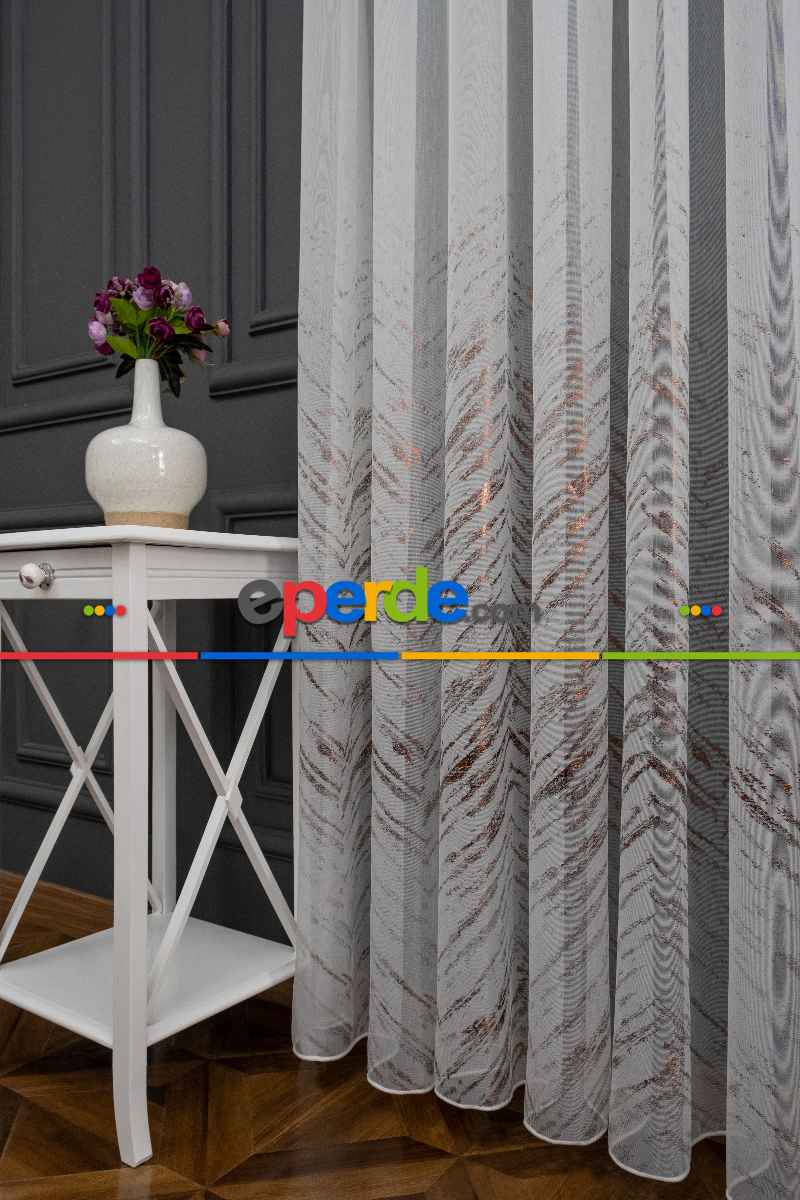 Yatak Odası - Modern Bronz Varaklı Keten Tül Perde Yüksek Kalite