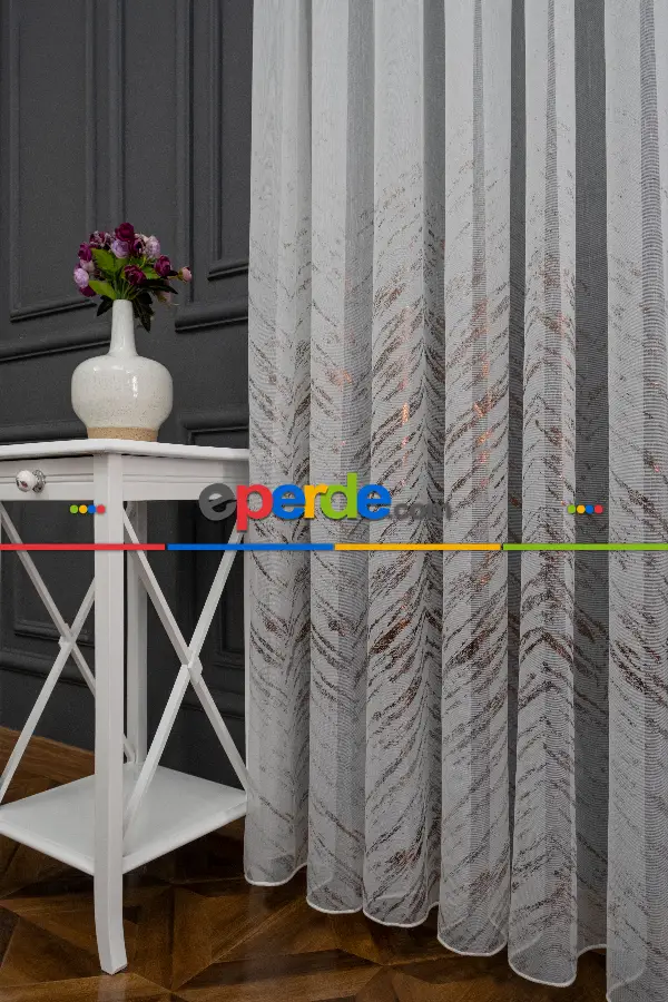 Salon Tül - Modern Bronz Varaklı Keten Tül Perde Yüksek Kalite