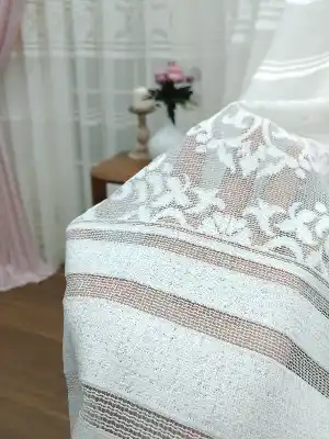 Kdk Örme Arası Bantlı Desenli Tül Perde - Krem