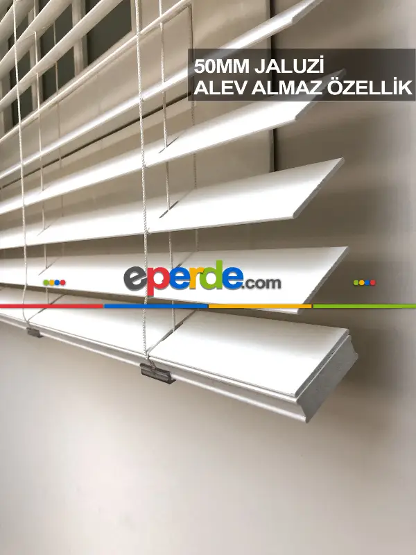 50mm Krem Ahşap Efektli Jaluzi Perde Alev Almaz Özellik- Krem
