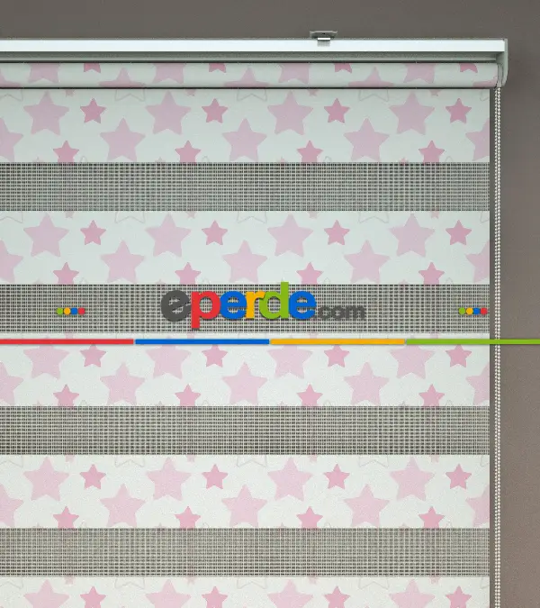 Pembe Yıldız Desenli Baskılı Zebra Perde