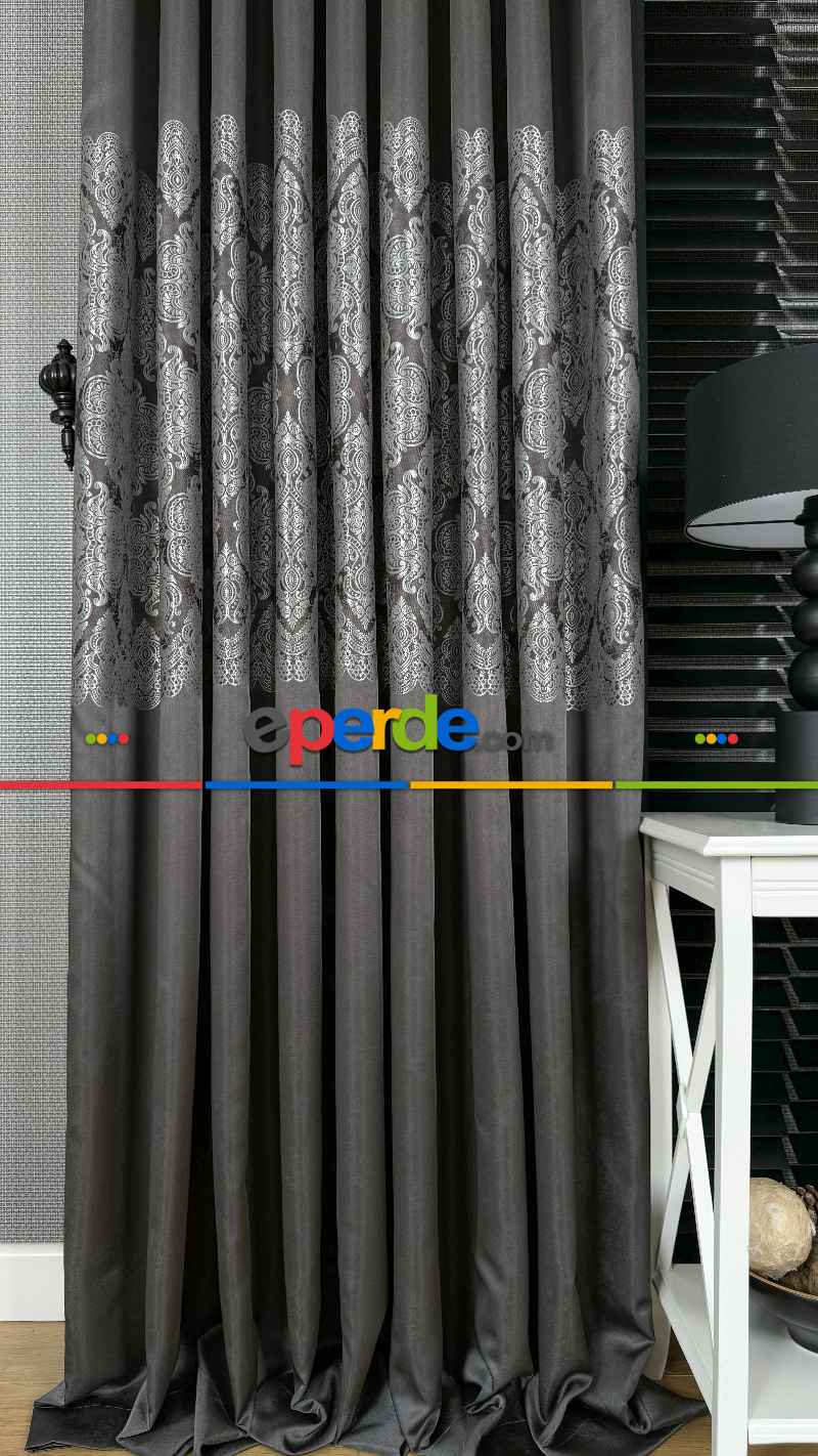 Gri Gümüş Fon Perde, Damask Desenli