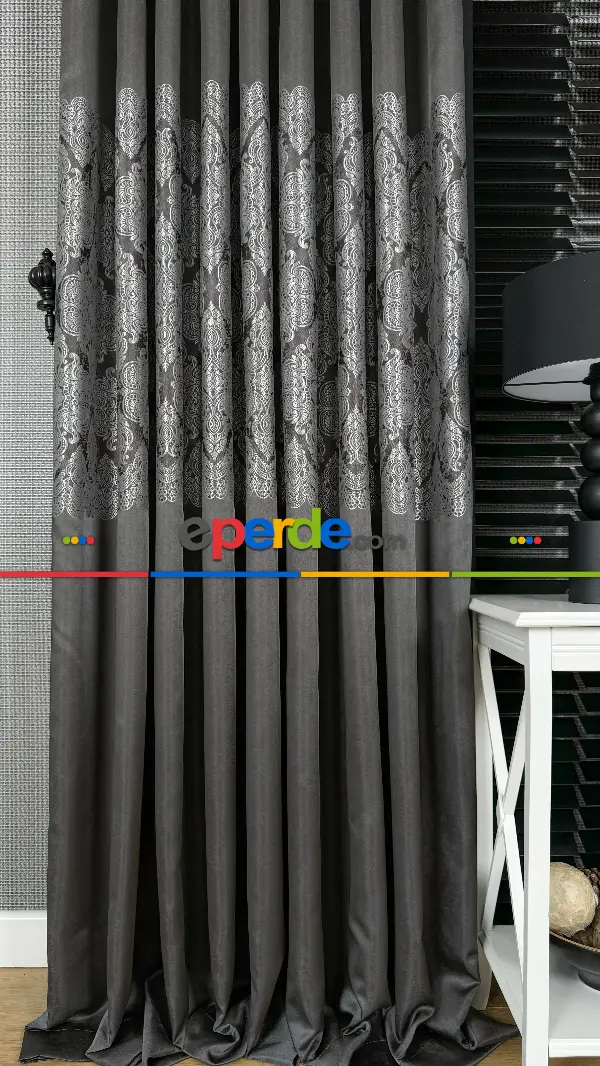 Gri Gümüş Fon Perde, Damask Desenli