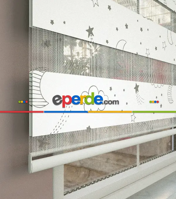 Gri Bulut Desenli Baskılı Zebra Perde- Çok Renkli