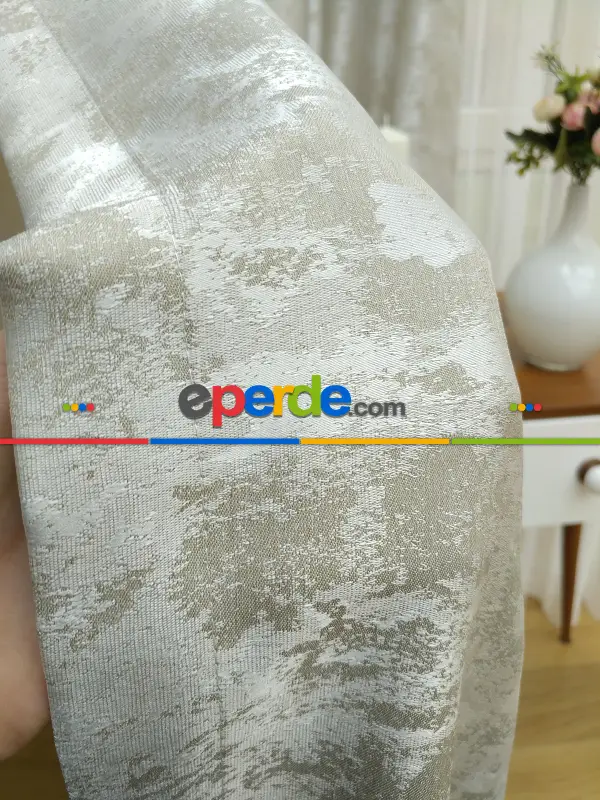 Patinedesenli Taş Rengi - Katyonik Jakar Fon Perde- Taş Rengi