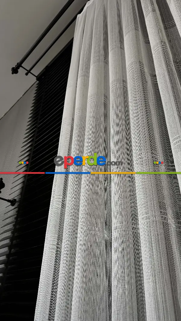 Yatak Odası Ekru Zincir Çizgili Desen Tül Perde - Yüksek Kalite Kurşunlu Tül