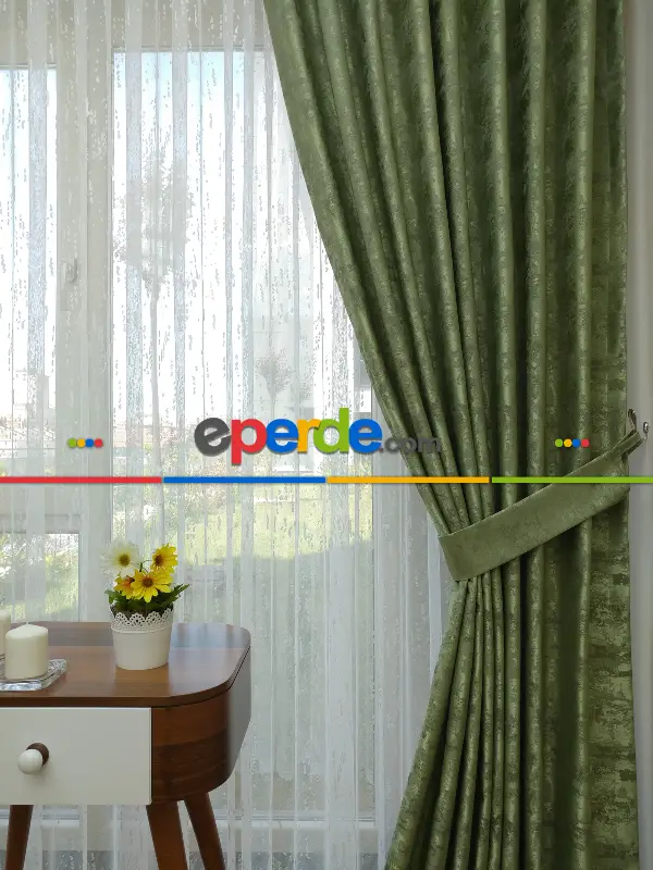 Patinedesenli Fıstık Yeşili - Katyonik Jakar Fon Perde- Fıstık Yeşili