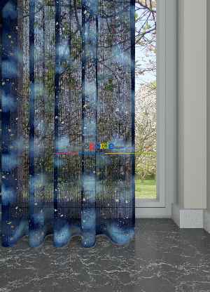 Fırsat Ürünü!! Lacivert Mavi Renkli Bulut Ve Yıldız Desenli 1. Kalite Keten Zemin Baskılı Sık Pileli Tül Perde - Erkek Çocuk Odası