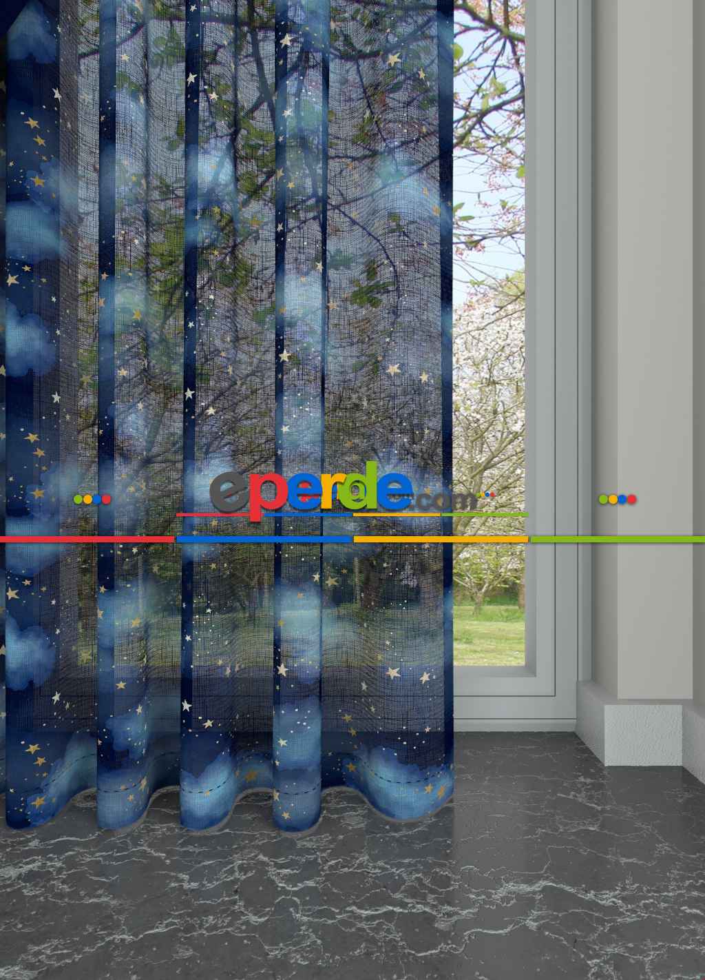 Fırsat Ürünü!! Lacivert Mavi Renkli Bulut Ve Yıldız Desenli 1. Kalite Keten Zemin Baskılı Sık Pileli Tül Perde - Erkek Çocuk Odası