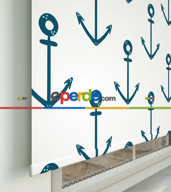 Çocuk Odası Stor Perde - Çapa Desenli Baskılı Stor Perde- Lacivert