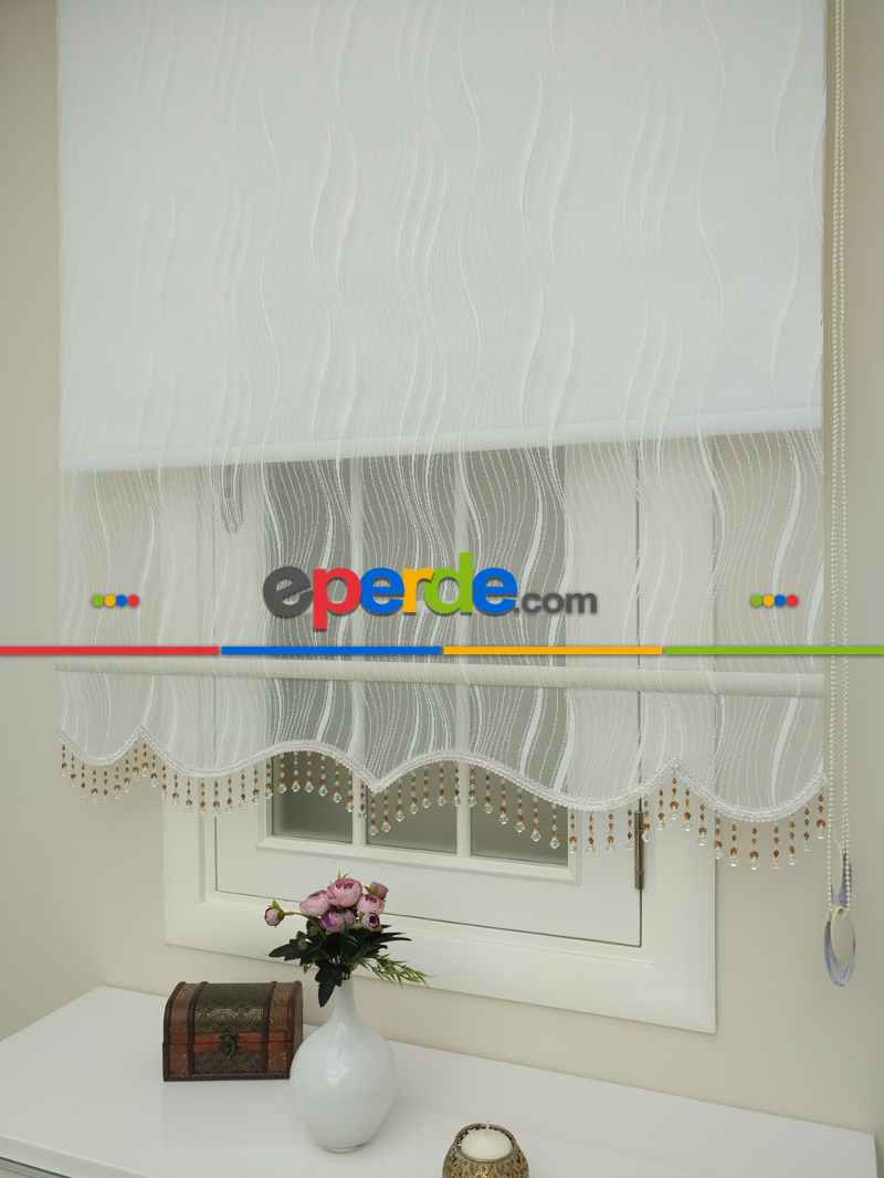 Mutfak - Çiftli Sistem Tül Ve Stor Perde - Su Yolu Desen- Krem Açık-ekru