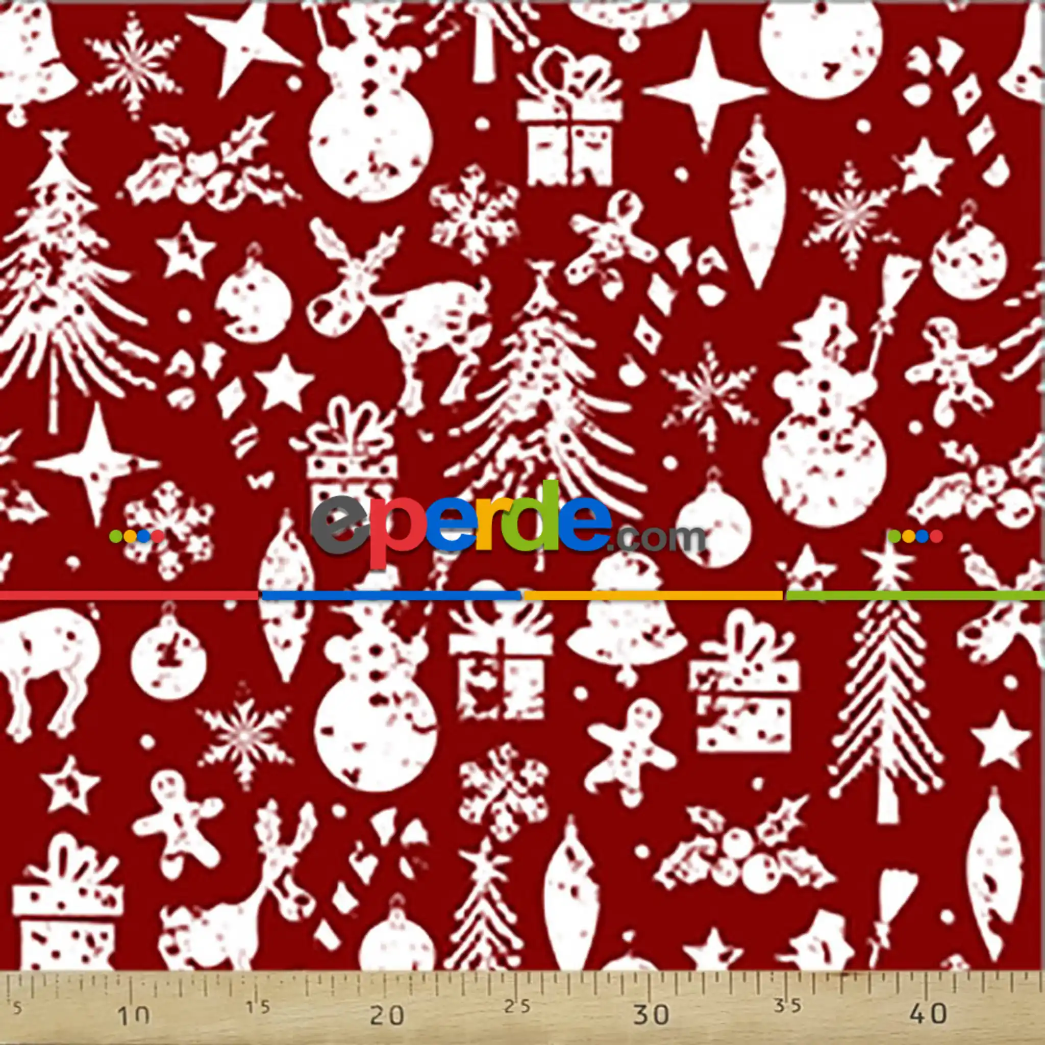 Yılbaşı Desenli Fon Perde Evm751-7 Kumaşı Kalındır Duck Bezi Değildir- Beyaz-Bordo