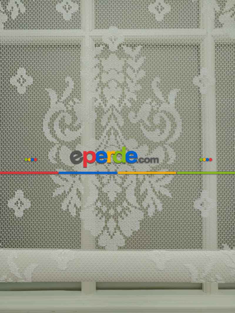 Jakar Örme Tül- Ekru Çiftli Sistem Dantel Desenli Perde- Ekru