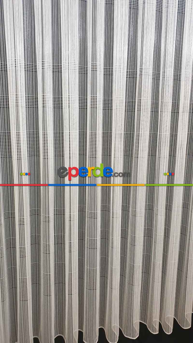 Oturma Odası - Yatay Çizgili Tül Ekose Tül Çizgi Tasarım Yeni Model Sade- Ekru