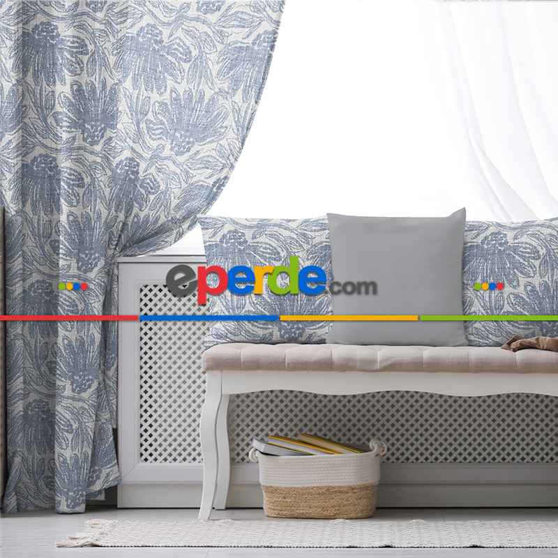 Salon Fon Perde Evim1607 Kumaşı Kalındır Duck Bezi Değildir- Mavi-beyaz