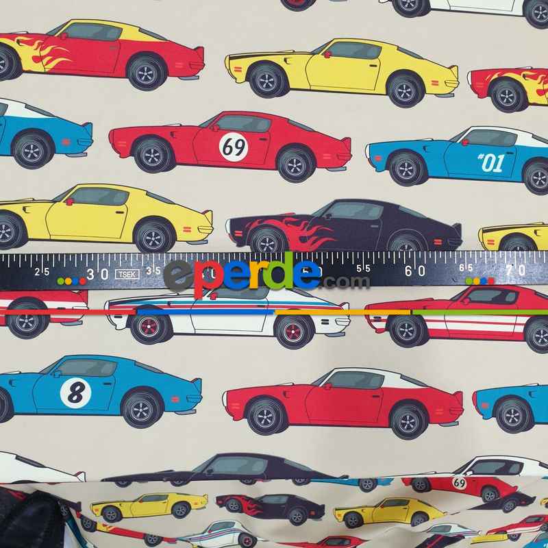 Popart Araba Desenli Fon Perde Evm1063 Kumaşı Kalındır Duck Bezi Değildir- Siyah-Kırmızı-Sarı-Beyaz