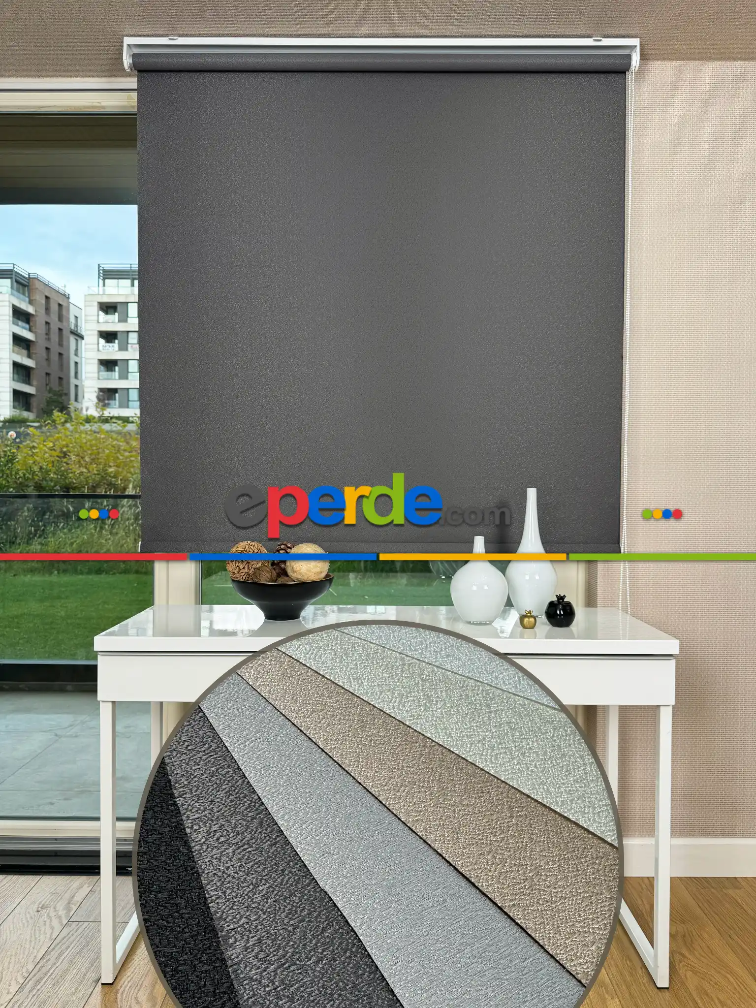 Antrasit Gri Jakar Dokuma Stor Perde, Standart Metal Kasalı Yüksek Kalite Kornişe Kolay Montaj Seçenekli