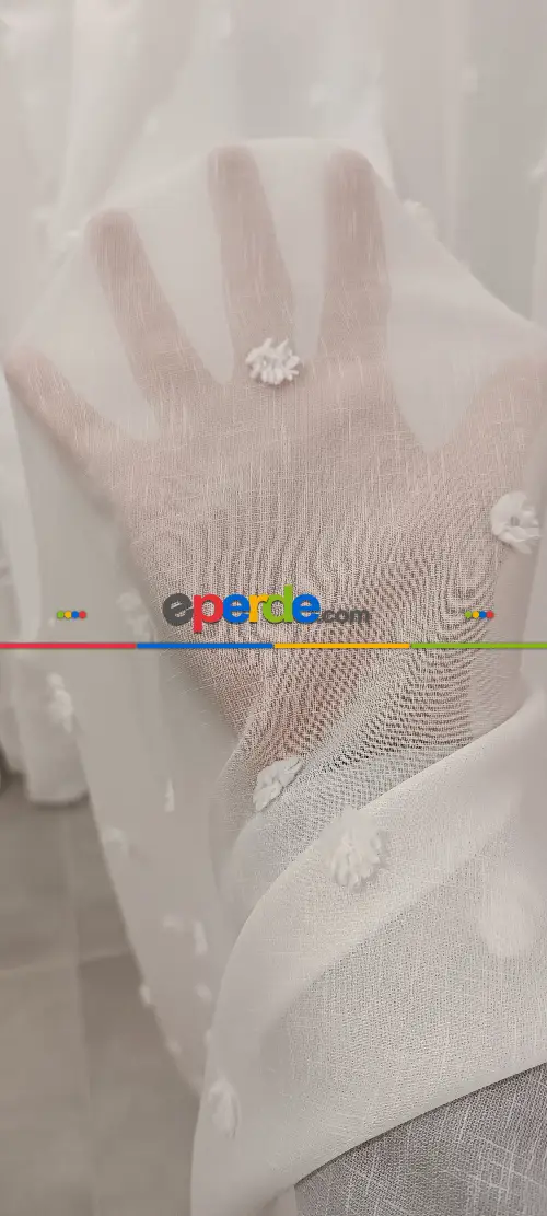 Yeni Nesil Ponpon Saçak Detaylı Tül Perdeler Ekru Renk