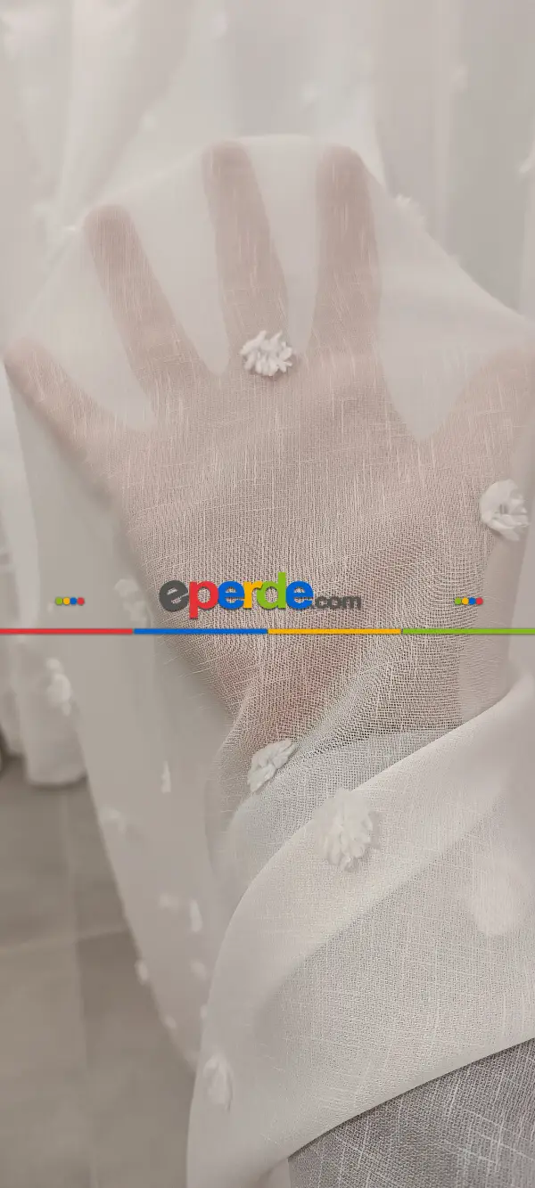 Salon - Yeni Nesil Ponpon Saçak Detaylı Tül Perdeler Ekru Renk